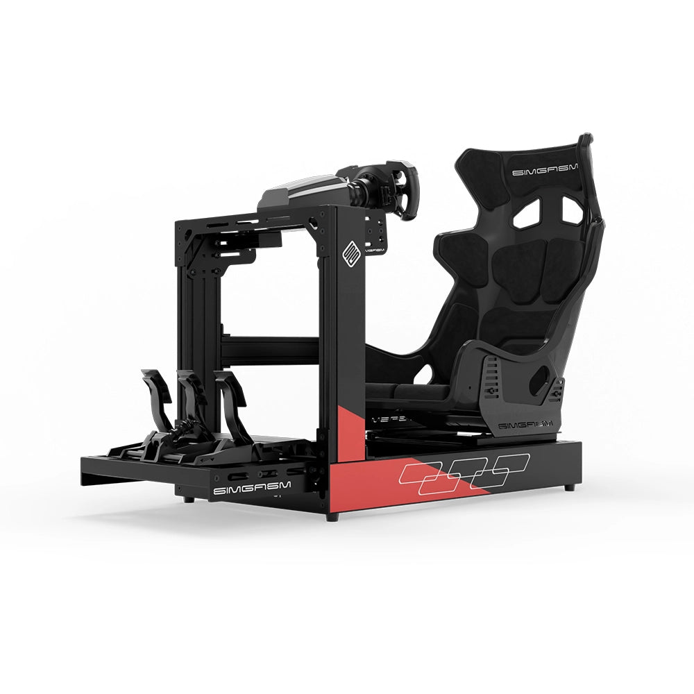 SIMGASM Sport C120 Aichi Works cockpit with black bucket seat, MOZA steering wheel and pedals, low front three-quarter view.
