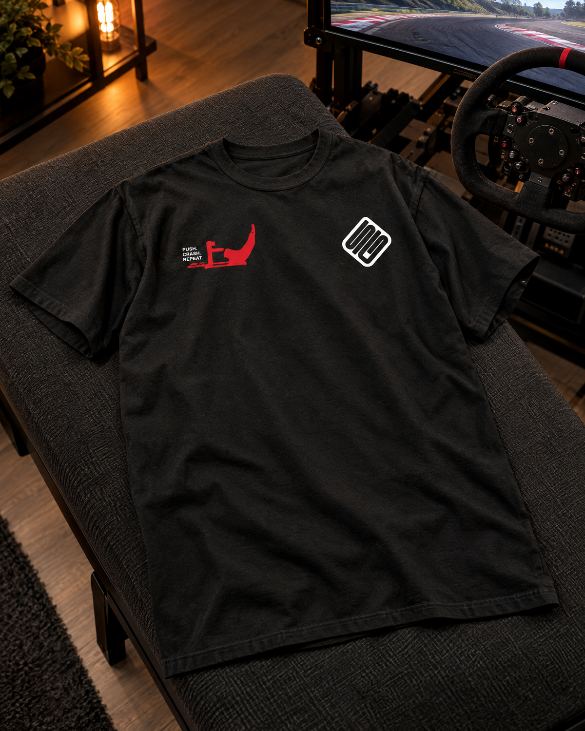 SIMGASM Push. Crash. Repeat. T-Shirt - sim racing setup