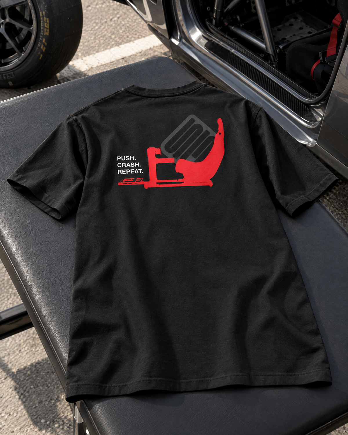 SIMGASM Push. Crash. Repeat. T-Shirt - car and paddock setting
